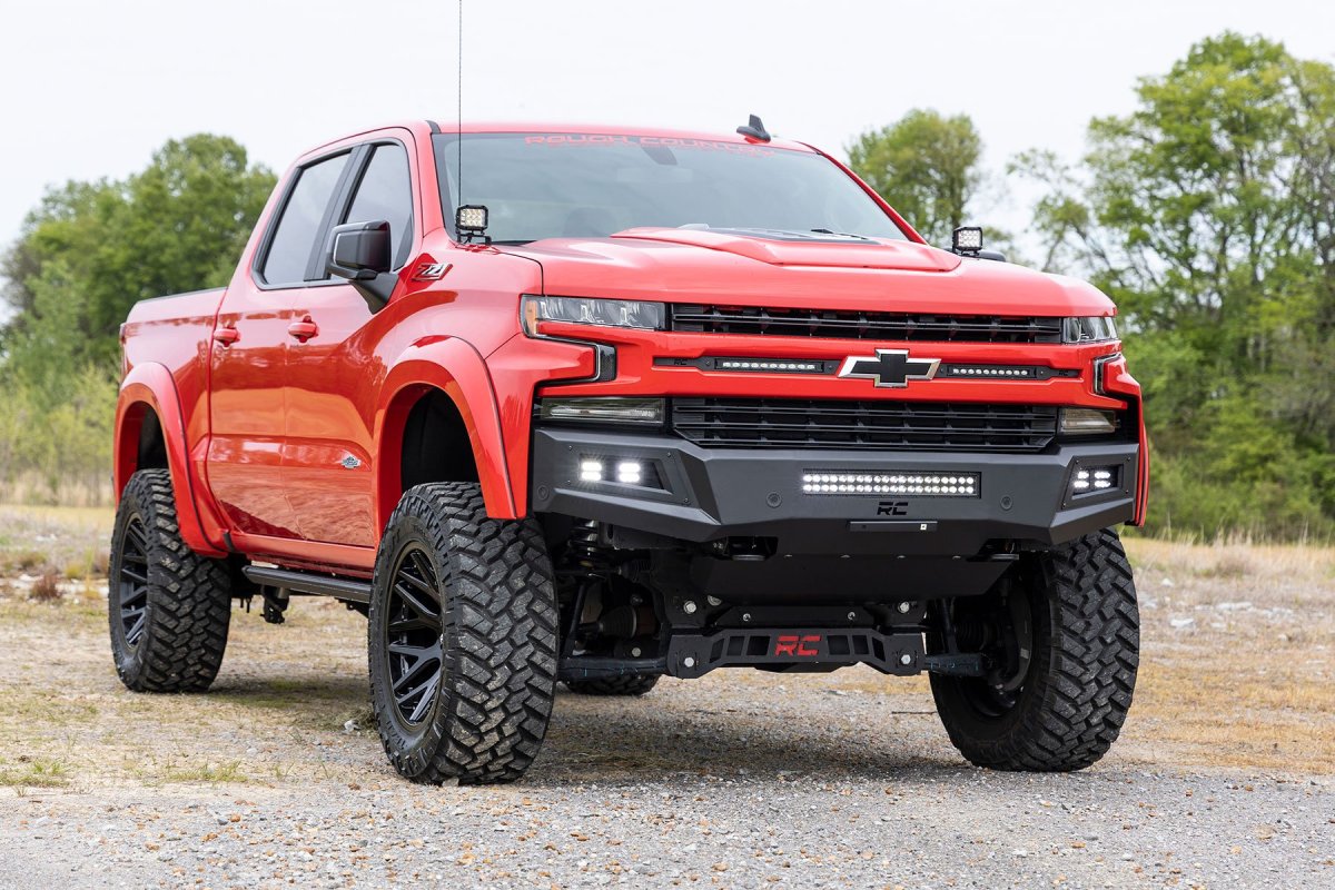 Chevrolet Silverado 1500 Front Bumper - Rough Country - High Clearance LED with Skid Plate - Flat Black - '19-'22